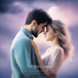 A romantic book cover featuring a couple in an intimate embrace under a moonlit sky