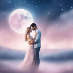 A romantic book cover featuring a couple in an intimate embrace under a moonlit sky