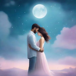 A romantic book cover featuring a couple in an intimate embrace under a moonlit sky