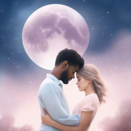 A romantic book cover featuring a couple in an intimate embrace under a moonlit sky