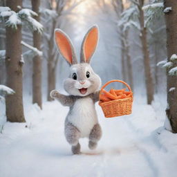 A merry cartoon bunny enthusiastically skipping down a snow-covered forest path, carrying a basket brimming with bright orange carrots. Its face lit up in pure bliss, radiating joy and happiness.