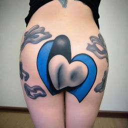 A faceless woman with long black hair, large buttocks, and a tattoo of a blue heart on one of her buttocks