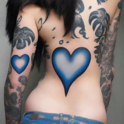 A faceless woman with long black hair, large buttocks, and a tattoo of a blue heart on one of her buttocks