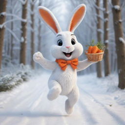 A merry cartoon bunny enthusiastically skipping down a snow-covered forest path, carrying a basket brimming with bright orange carrots. Its face lit up in pure bliss, radiating joy and happiness.