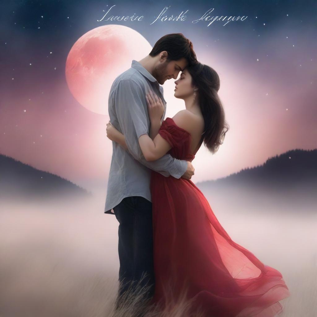 A romantic book cover featuring a couple in an intimate embrace under a moonlit sky