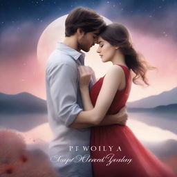 A romantic book cover featuring a couple in an intimate embrace under a moonlit sky