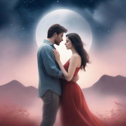 A romantic book cover featuring a couple in an intimate embrace under a moonlit sky