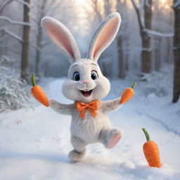 A merry cartoon bunny enthusiastically skipping down a snow-covered forest path, carrying a basket brimming with bright orange carrots. Its face lit up in pure bliss, radiating joy and happiness.