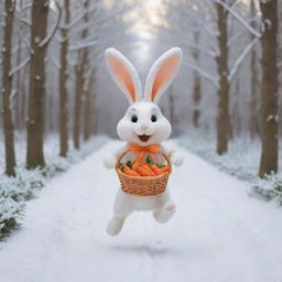 A merry cartoon bunny enthusiastically skipping down a snow-covered forest path, carrying a basket brimming with bright orange carrots. Its face lit up in pure bliss, radiating joy and happiness.