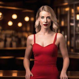 A white female wearing a red bodycon dress standing at a bar