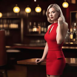 A white female wearing a red bodycon dress standing at a bar