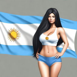 A woman with large breasts and long black hair, with black eyes, holding the flag of Argentina in her hand