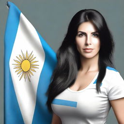 A woman with large breasts and long black hair, with black eyes, holding the flag of Argentina in her hand