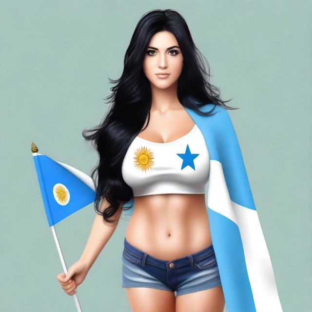 A woman with large breasts and long black hair, with black eyes, holding the flag of Argentina in her hand