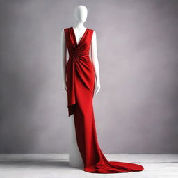 A sleek, red dress elegantly draped over a mannequin, set against a stylish background suitable for a book cover