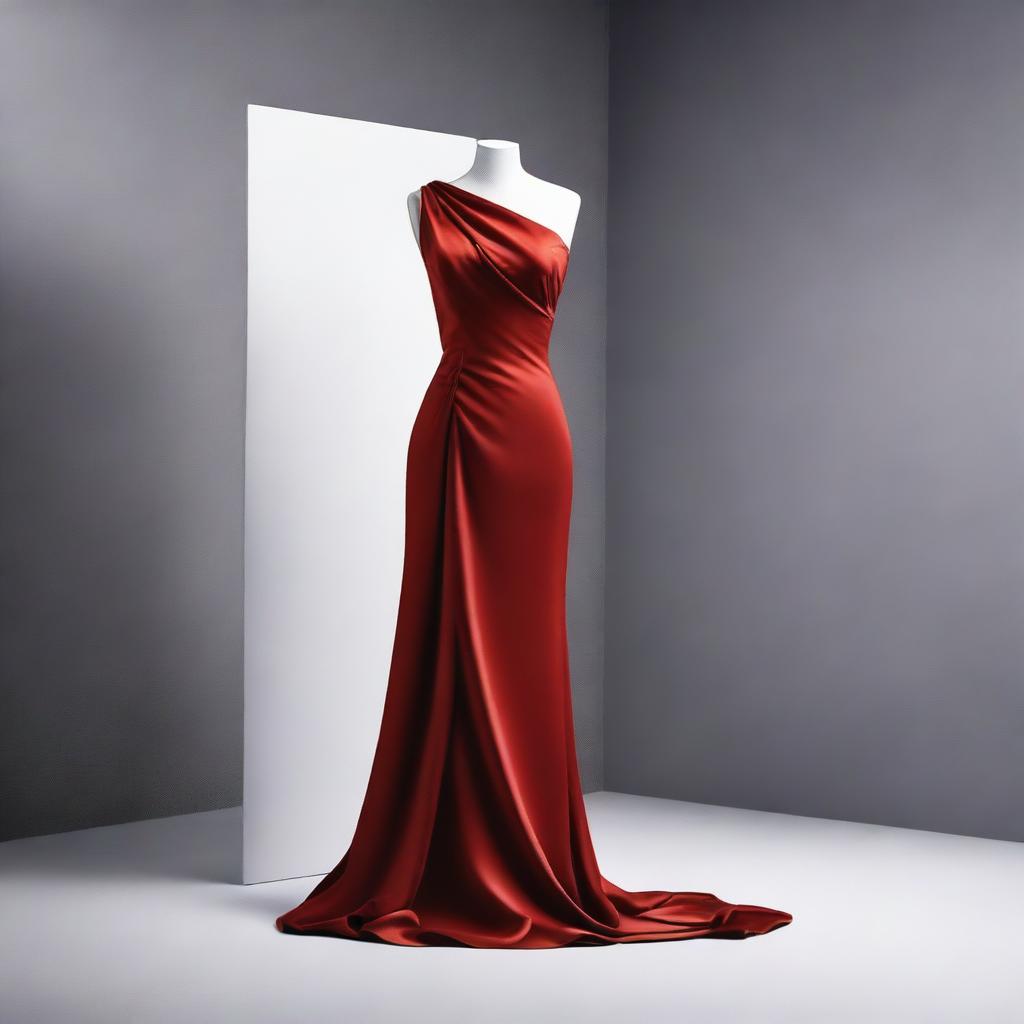 A sleek, red dress elegantly draped over a mannequin, set against a stylish background suitable for a book cover