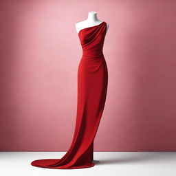 A sleek, red dress elegantly draped over a mannequin, set against a stylish background suitable for a book cover