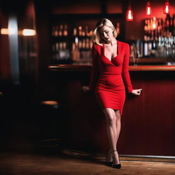 A white female with no face sitting at a bar, wearing a red bodycon dress