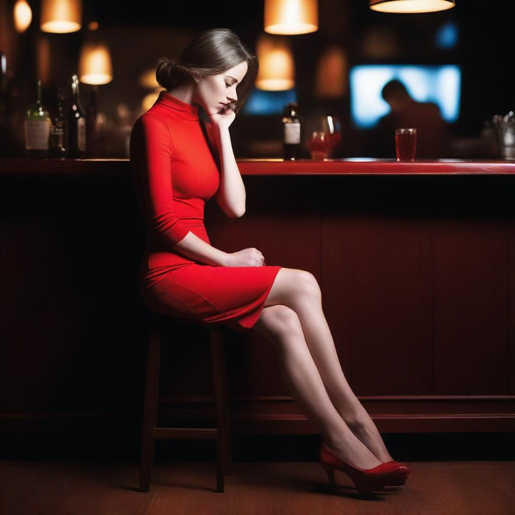 A white female with no face sitting at a bar, wearing a red bodycon dress