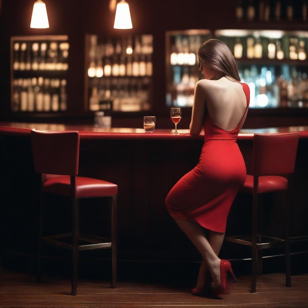 A white female with no face sitting at a bar, wearing a red bodycon dress