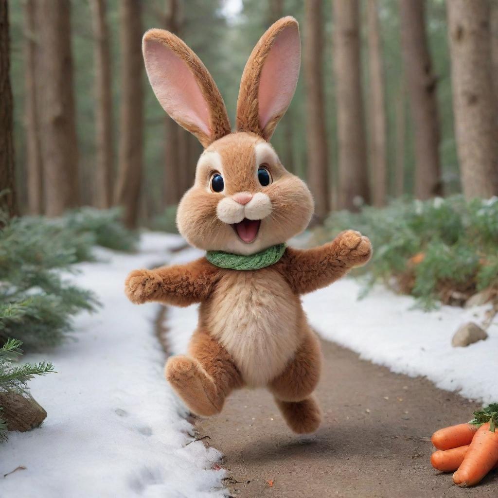 A joyous, brown-furred cartoon bunny, skipping merrily down a winter forest path abundant with trees and rocks, with a basket chock-full of carrots. The bunny's happiness is palpable in its gleeful expression.