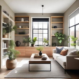 A cozy and modern living room with comfortable furniture, a stylish coffee table, and a large window letting in natural light