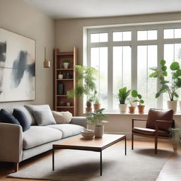 A cozy and modern living room with comfortable furniture, a stylish coffee table, and a large window letting in natural light