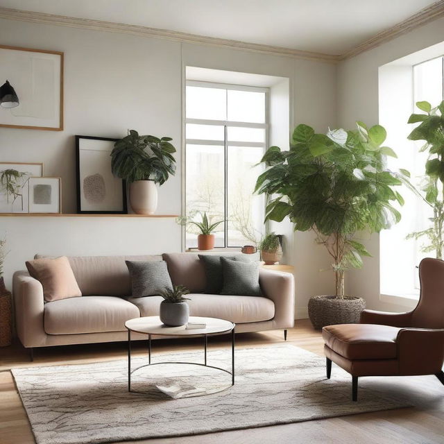 A cozy and modern living room with comfortable furniture, a stylish coffee table, and a large window letting in natural light