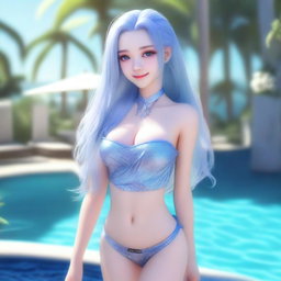 A stunning model with light blue long hair and blue eyes, smiling with a loving gaze and blushing