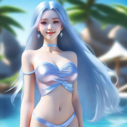 A stunning model with light blue long hair and blue eyes, smiling with a loving gaze and blushing