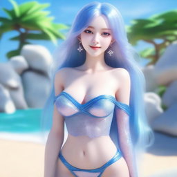 A stunning model with light blue long hair and blue eyes, smiling with a loving gaze and blushing