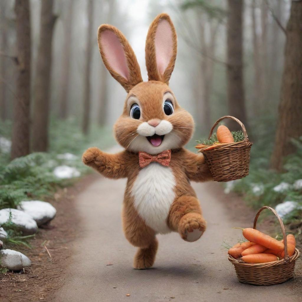 A joyous, brown-furred cartoon bunny, skipping merrily down a winter forest path abundant with trees and rocks, with a basket chock-full of carrots. The bunny's happiness is palpable in its gleeful expression.