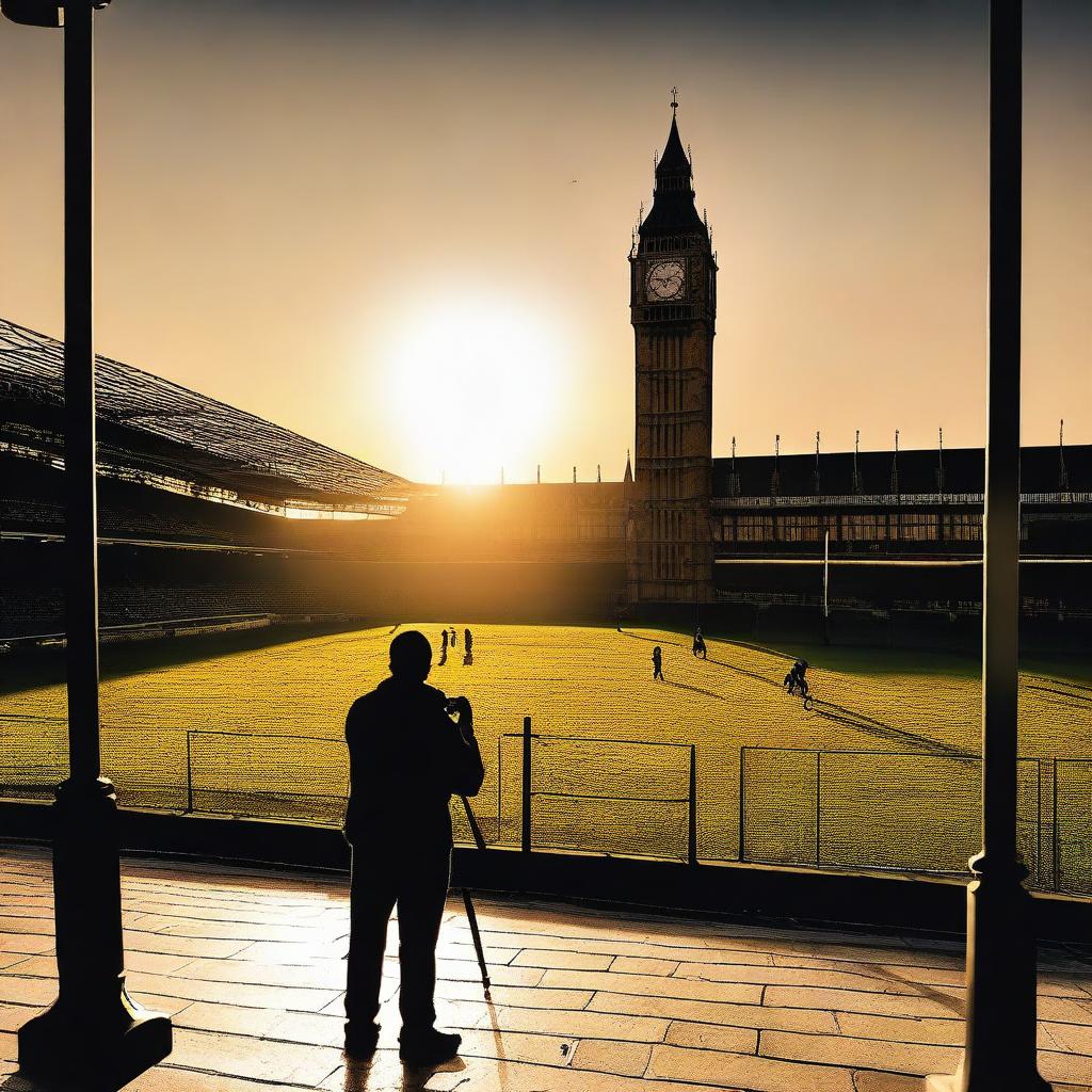 Generate a contemporary realism style image of a vibrant football stadium at sunset, with the silhouette of a football player, Theo Bell, in the center, looking towards the empty stands