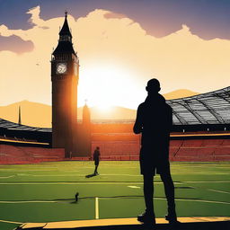 Generate a contemporary realism style image of a vibrant football stadium at sunset, with the silhouette of a football player, Theo Bell, in the center, looking towards the empty stands