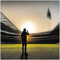 Generate a contemporary realism style image of a vibrant football stadium at sunset, with the silhouette of a football player, Theo Bell, in the center, looking towards the empty stands