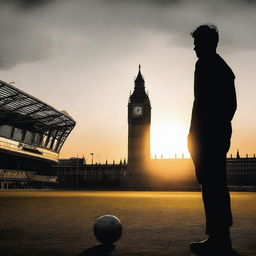 Generate a contemporary realism style image of a vibrant football stadium at sunset, with the silhouette of a football player, Theo Bell, in the center, looking towards the empty stands