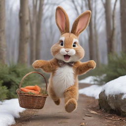 A joyous, brown-furred cartoon bunny, skipping merrily down a winter forest path abundant with trees and rocks, with a basket chock-full of carrots. The bunny's happiness is palpable in its gleeful expression.