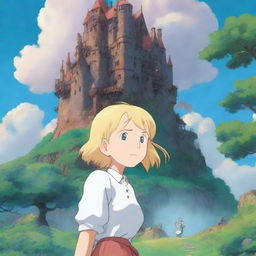 A detailed illustration of Howl's Moving Castle with Sophie, the blonde-haired girl, standing in front of it