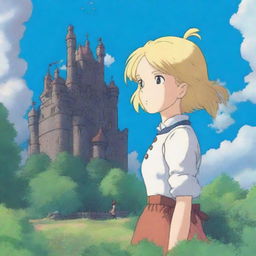 A detailed illustration of Howl's Moving Castle with Sophie, the blonde-haired girl, standing in front of it