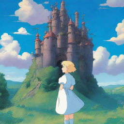 A detailed illustration of Howl's Moving Castle with Sophie, the blonde-haired girl, standing in front of it