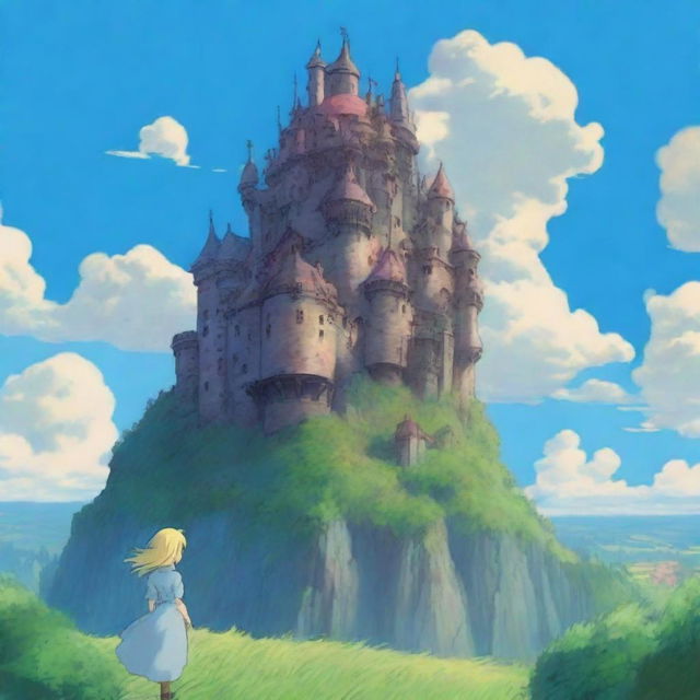 A detailed illustration of Howl's Moving Castle with Sophie, the blonde-haired girl, standing in front of it