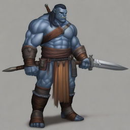 A large and gruff half orc barbarian with blue skin and hair, and brown eyes