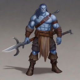 A large and gruff half orc barbarian with blue skin and hair, and brown eyes