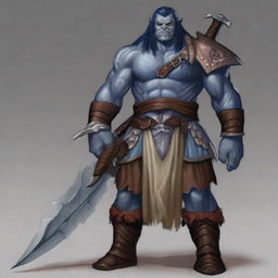 A large and gruff half orc barbarian with blue skin and hair, and brown eyes