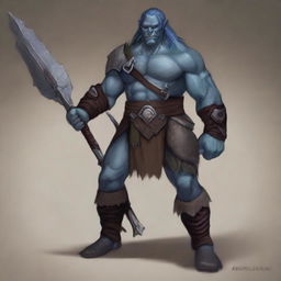 A large and gruff half orc barbarian with blue skin and hair, and brown eyes