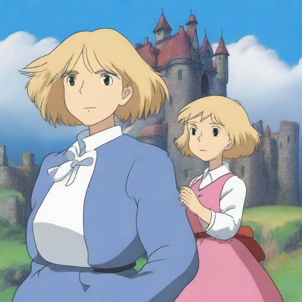 A scene from Howl's Moving Castle featuring a thick Sophie with blonde hair and Howl also with blonde hair