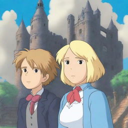 A scene from Howl's Moving Castle featuring a thick Sophie with blonde hair and Howl also with blonde hair