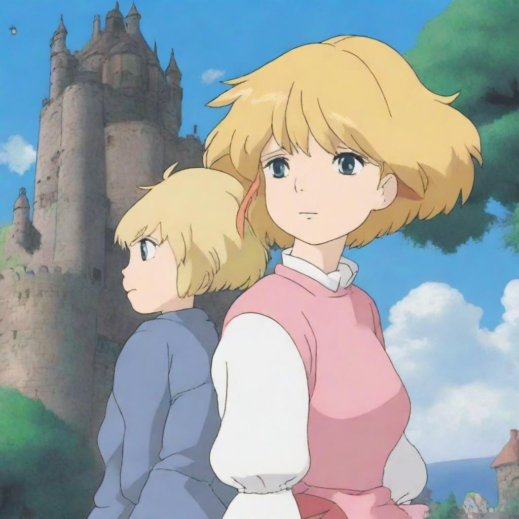 A scene from Howl's Moving Castle featuring a thick Sophie with blonde hair and Howl also with blonde hair