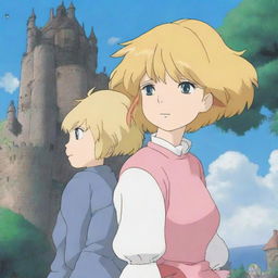 A scene from Howl's Moving Castle featuring a thick Sophie with blonde hair and Howl also with blonde hair