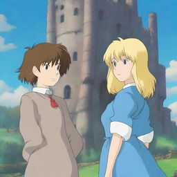 A scene from Howl's Moving Castle featuring a thick Sophie with blonde hair and Howl also with blonde hair